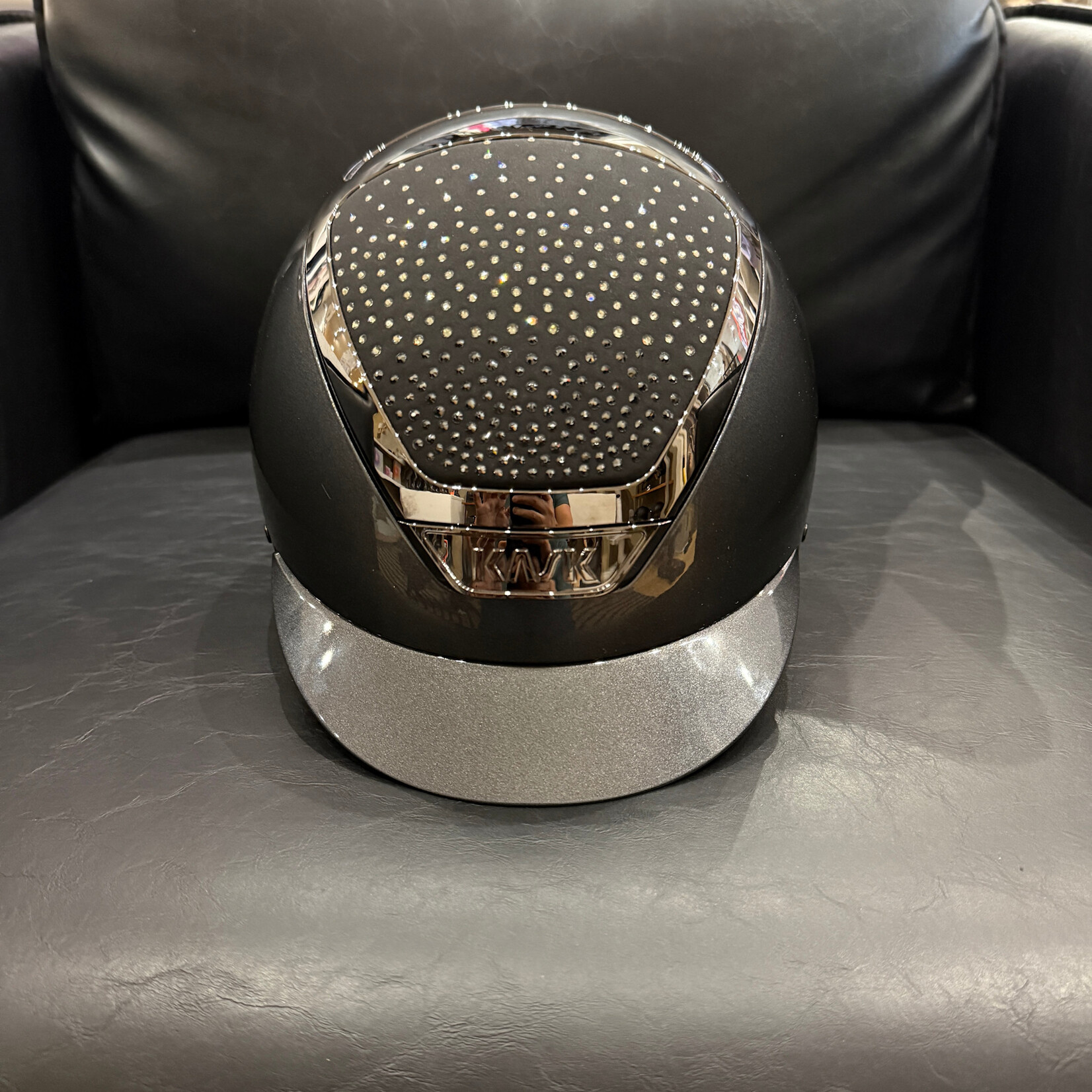 KASK Equestrian CUSTOM Kask WG11 Dogma Pure Shine Chrome Riding Helmet with Swarovski Waterfence Tonal Crystals- Sold as a kit with coordinating liner (sold separately)- SPECIAL ORDER ONLY