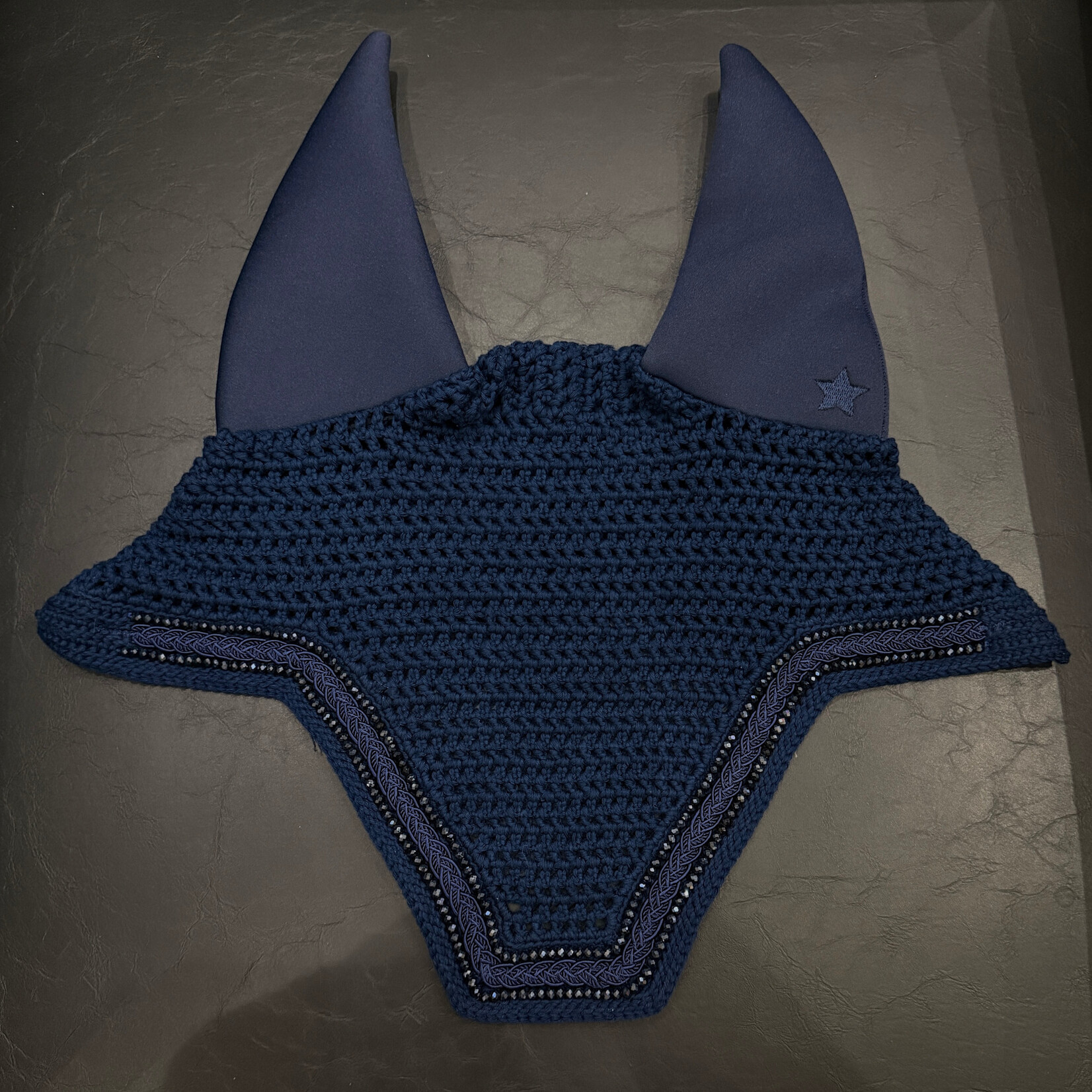 Equstar Custom Bonnet - Soundproof Ears, Square Shape, Drk Navy Base, 1R Sm Jet Midnight Blue Crystal, 1R Fancy Navy Braid, 1R Sm Midnight Blue Crystal, 1R Drk Navy Thread, Drk navy Star
