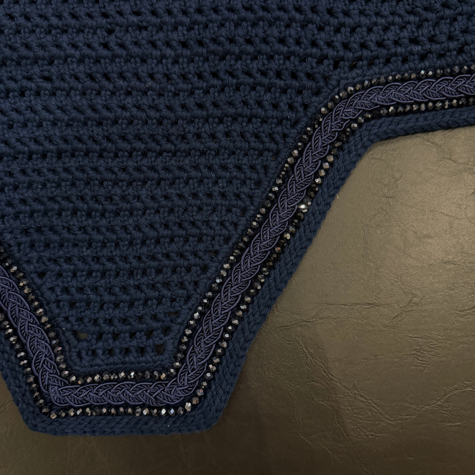 Equstar Custom Bonnet - Soundproof Ears, Square Shape, Drk Navy Base, 1R Sm Jet Midnight Blue Crystal, 1R Fancy Navy Braid, 1R Sm Midnight Blue Crystal, 1R Drk Navy Thread, Drk navy Star