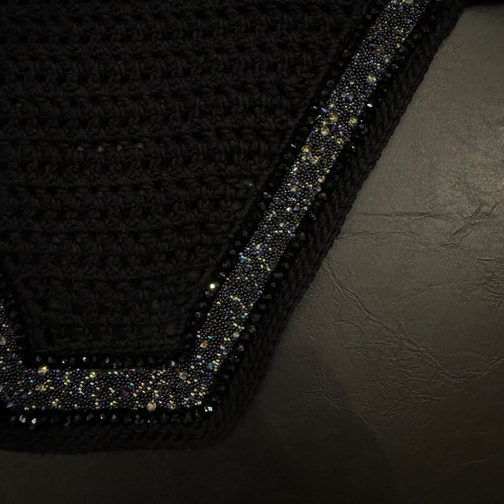 Equstar Custom Bonnet - Soundproof Ears, Square Shape, Blk Base, 1R Sm Jet Black Crystal, 1R Royal Black Stingray, 1R Sm Jet Black Crystal, Blk Thread Trim, Blk Star