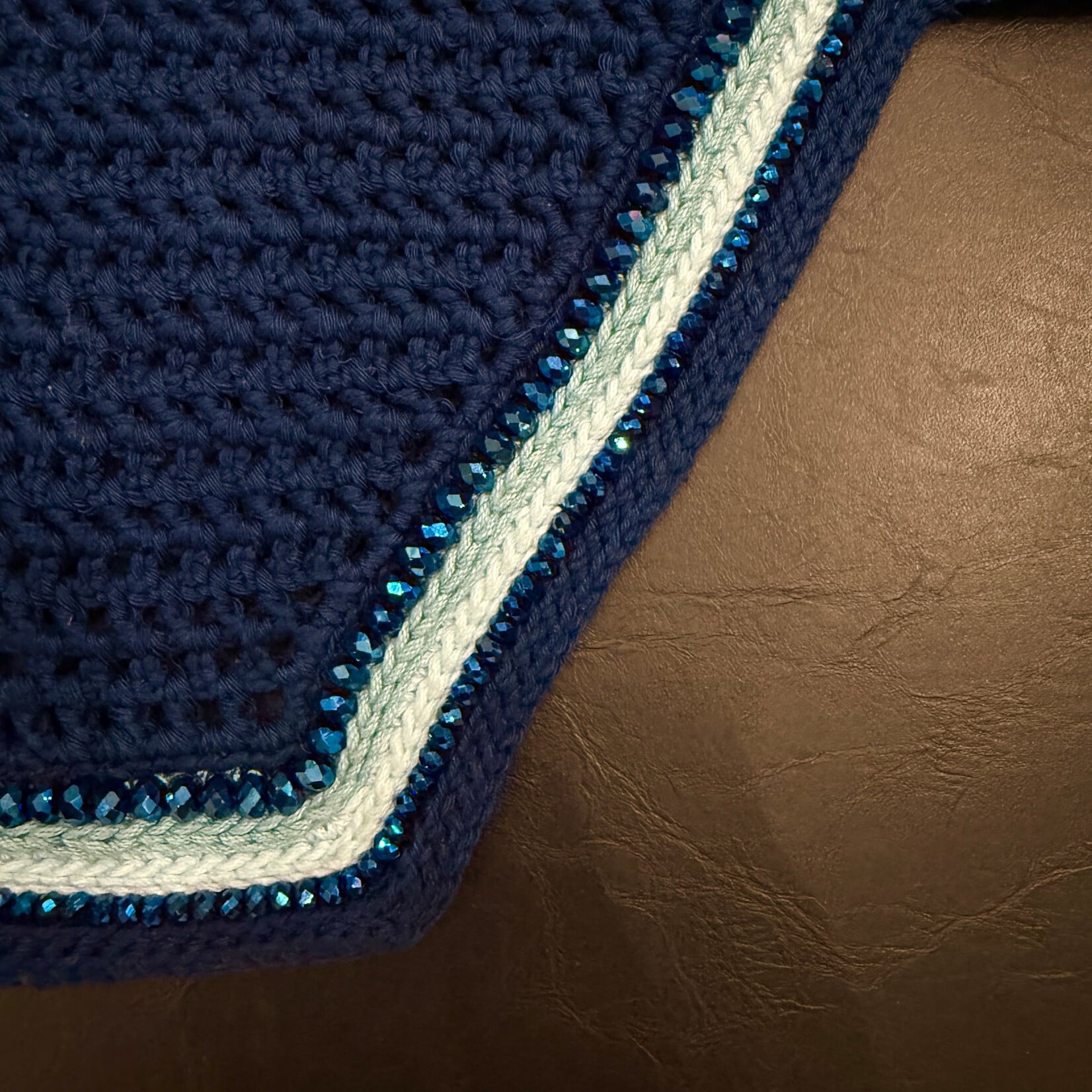 Equstar Custom Bonnet - Soundproof Ears, V - Shape, Tie Down, Drk Navy Base, R Lrg Royal Blue Crystal, 2R Sea Foam Thread, 2R Light Blue Thread, 1R Sm Royal Blue Crystals, Drk Blue Thread Trim, Teal Star