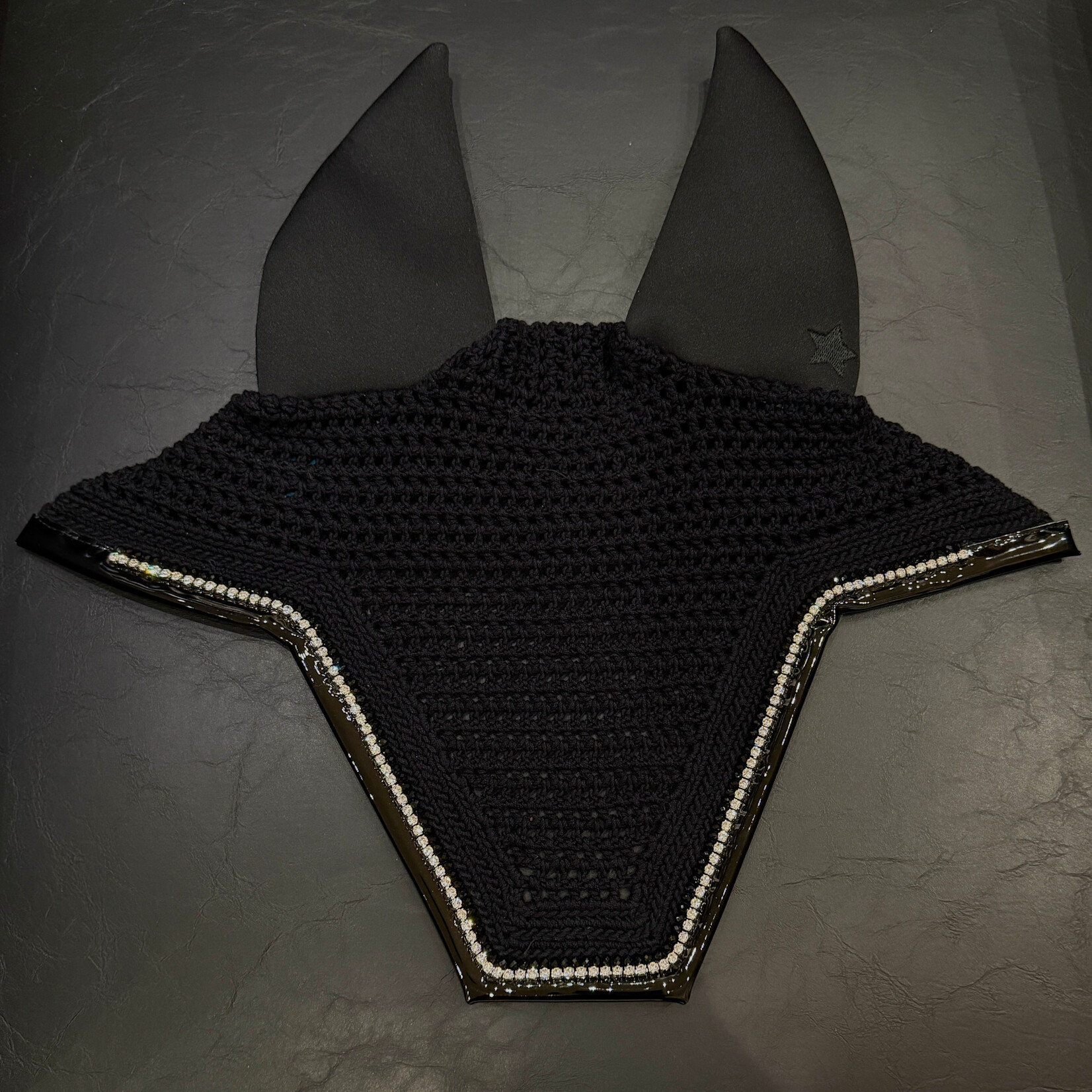 Equstar Custom Bonnet - Soundproof Ears, Square Shape, Black Base, 1R Sm Jet Blck Crystal, 1R Single Rhinestone, Patent Blk Trim, Blk Star