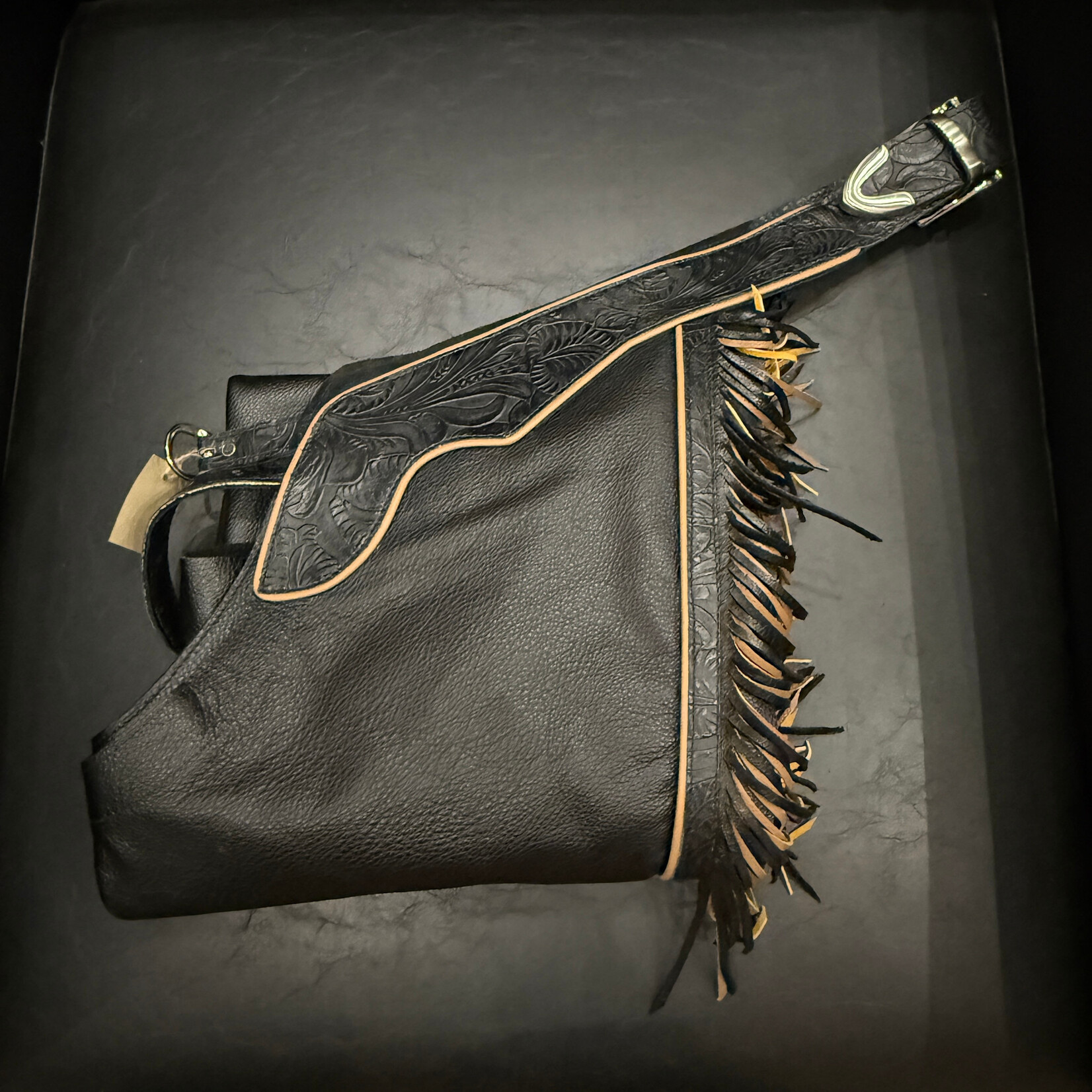 Larocque Chaps Larocque Semi-Custom Chaps, Black Dove Leg, Black Floral Belt & Trim, Caffe Latte Piped Belt & Leg, Dual Fringe in Black and Caffe Latte, Silver front and rear Adjustable Buckle, ready-made in stock size Lg-Slim
