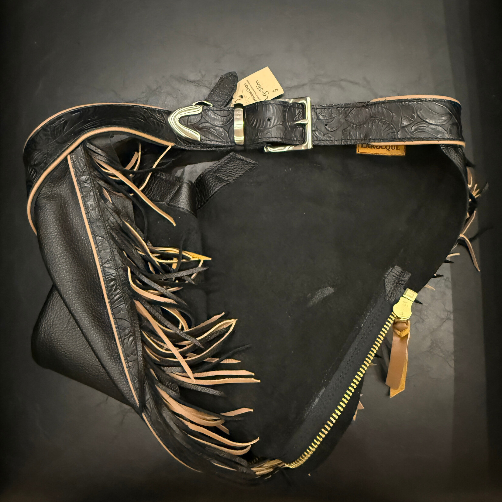 Larocque Chaps Larocque Semi-Custom Chaps, Black Dove Leg, Black Floral Belt & Trim, Caffe Latte Piped Belt & Leg, Dual Fringe in Black and Caffe Latte, Silver front and rear Adjustable Buckle, ready-made in stock size Lg-Slim