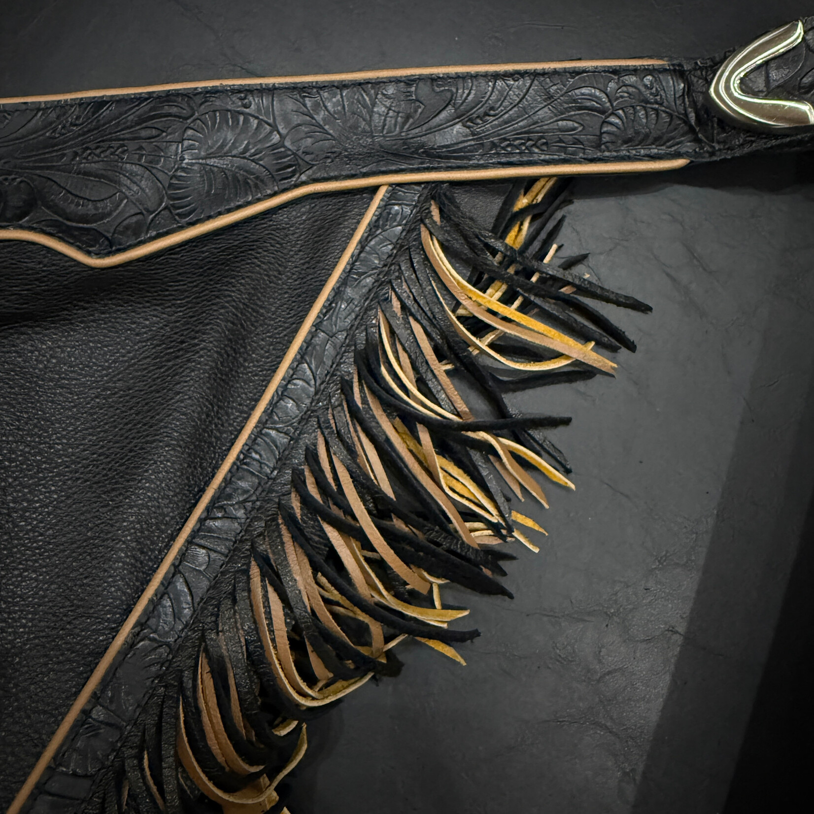 Larocque Chaps Larocque Semi-Custom Chaps, Black Dove Leg, Black Floral Belt & Trim, Caffe Latte Piped Belt & Leg, Dual Fringe in Black and Caffe Latte, Silver front and rear Adjustable Buckle, ready-made in stock size Lg-Slim