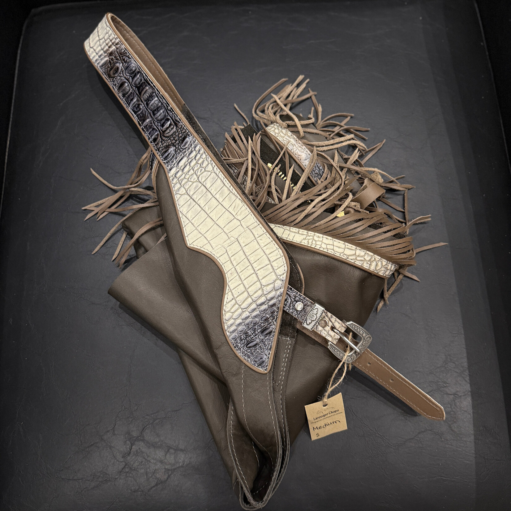 Larocque Chaps Larocque Semi-Custom Chaps, Dk. Grey Aniline Leg, King Croco Zebra Belt & Trim, Taupe Piped Belt & Leg, Fringe in Taupe, Silver Floral Buckle, ready-made in stock size Medium