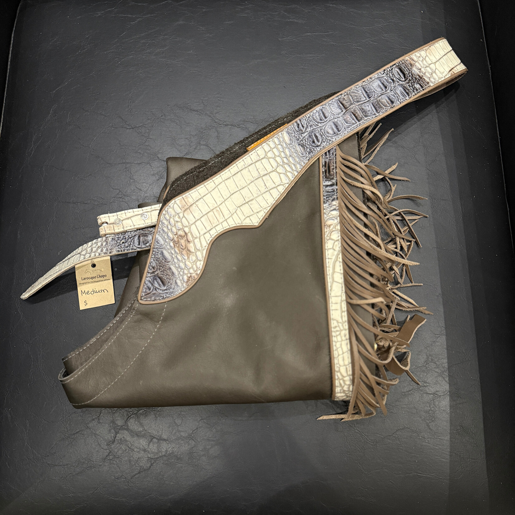 Larocque Chaps Larocque Semi-Custom Chaps, Dk. Grey Aniline Leg, King Croco Zebra Belt & Trim, Taupe Piped Belt & Leg, Fringe in Taupe, Silver Floral Buckle, ready-made in stock size Medium