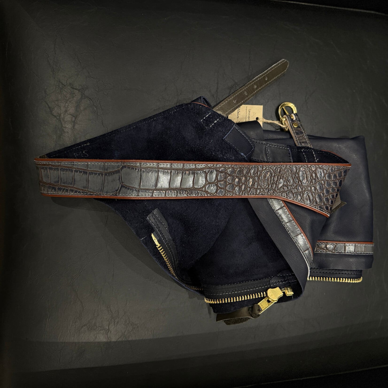 Larocque Chaps Larocque Custom Chaps, Navy Aniline Leg, Deep Croco Grey Belt & Brown Trim, Rust Piped Belt & Leg, ready-made in stock size Med-Slim