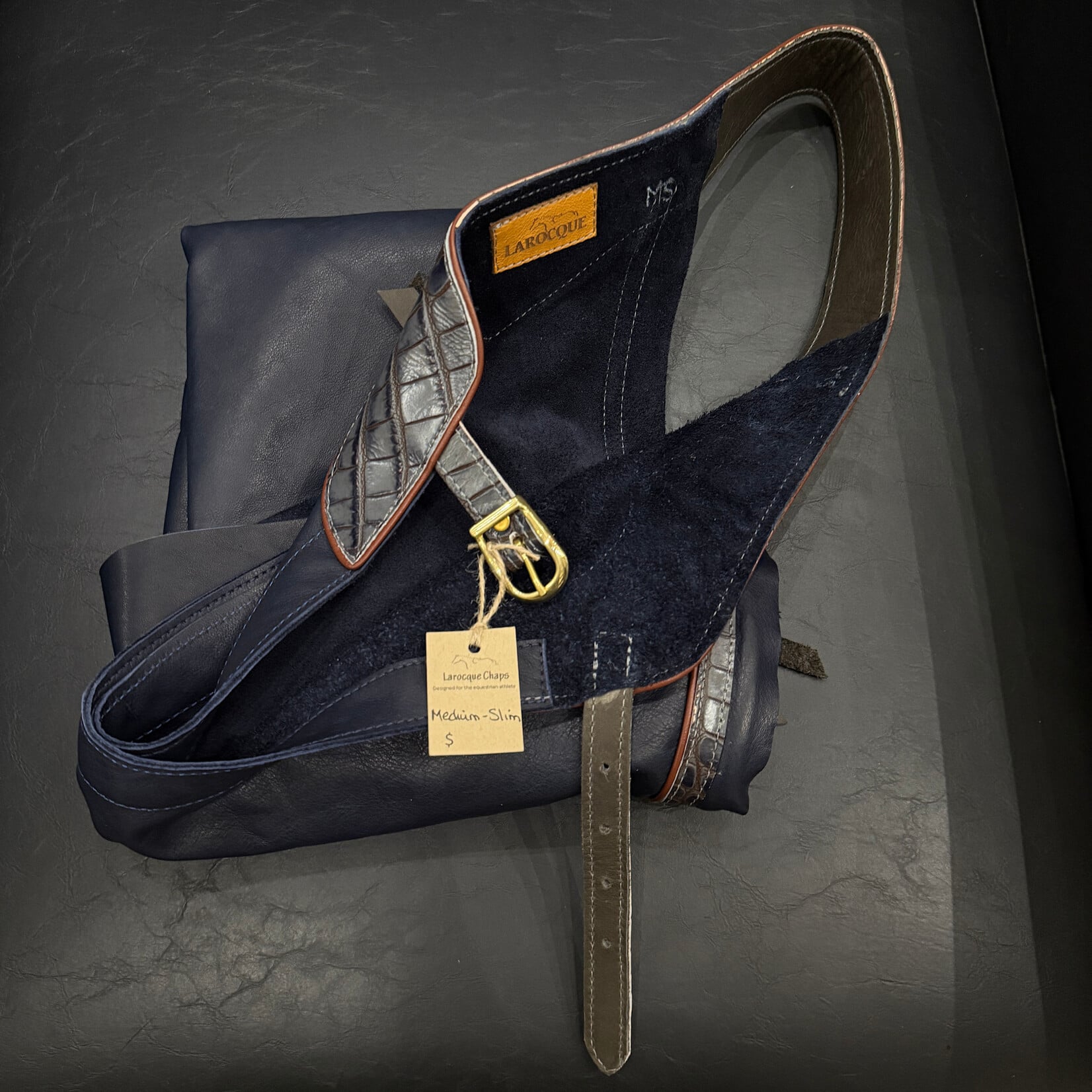 Larocque Chaps Larocque Custom Chaps, Navy Aniline Leg, Deep Croco Grey Belt & Brown Trim, Rust Piped Belt & Leg, ready-made in stock size Med-Slim