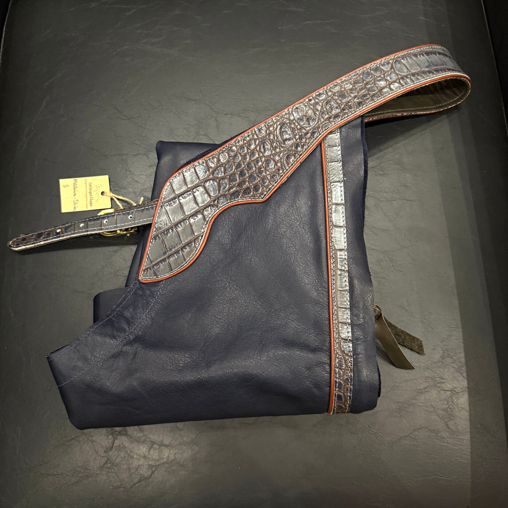 Larocque Chaps Larocque Custom Chaps, Navy Aniline Leg, Deep Croco Grey Belt & Brown Trim, Rust Piped Belt & Leg, ready-made in stock size Med-Slim