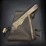 Larocque Chaps Larocque Custom Chaps, Dk Grey Aniline Leg, Hornback Black/Bronze Belt & Trim, Metallic Pewter Piped Belt & Leg, Silver Floral front Buckle, Silver Letters: RIDE, ready-made in stock size Lg Slim-Short