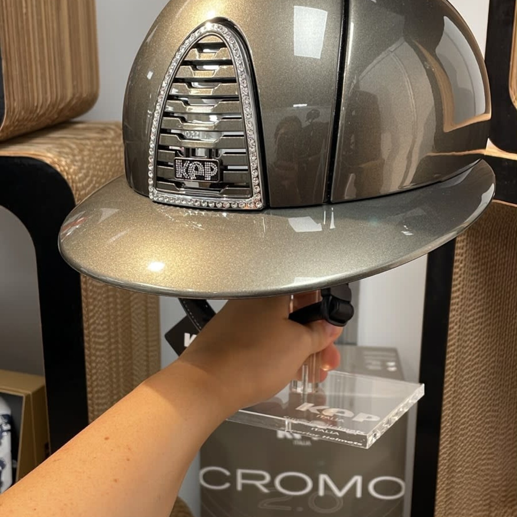 KEP KEP Custom Cromo 2.0 Metal 2 Green Olive w/ Custom Frame Crystal Mirror Chromo, White Crystals, Subgrid Mirror Silver, KEP Logo Crystal w White Crystals on Suede Black Leather - Sold as a kit with coordinating liner (sold separately)