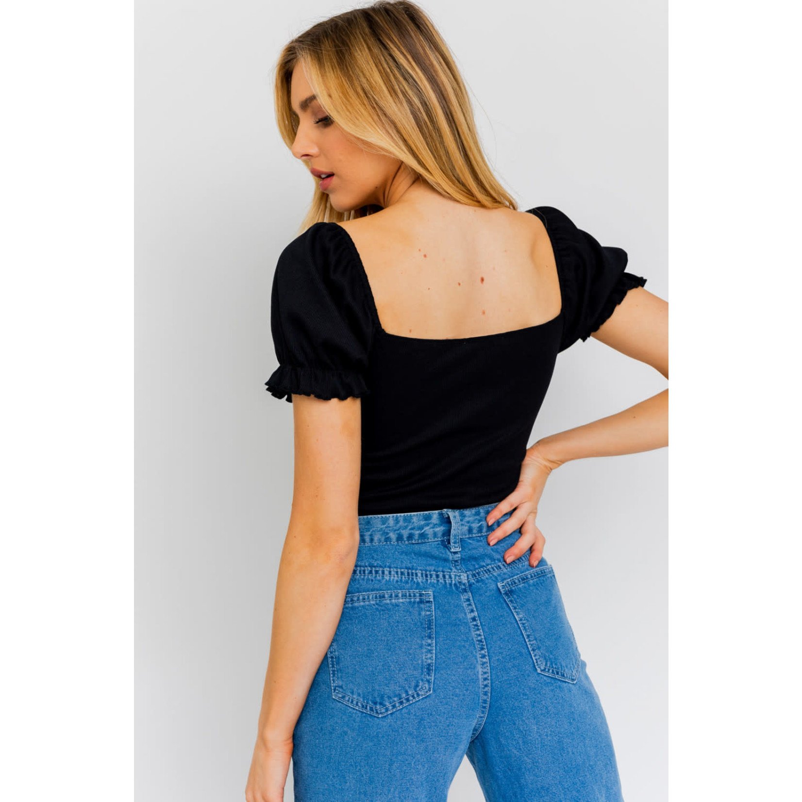 Short Puff Sleeve Black Bodysuit