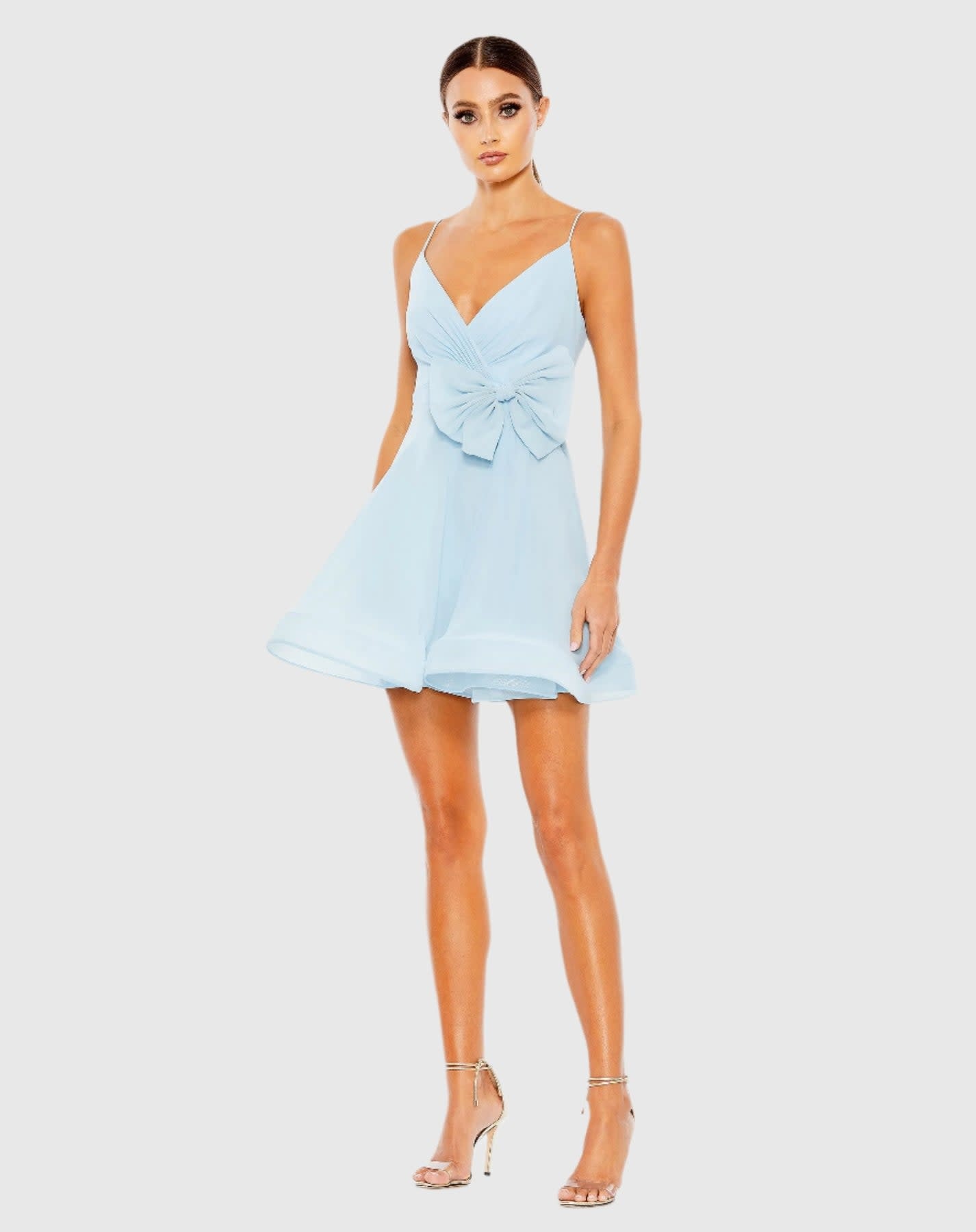Mac Duggal Mac Duggal Blue Bow Detail Flowy Mini Dress - Menley Rose Mac Duggal Mac Duggal Blue Bow Detail Flowy Mini Dress - Menley Rose