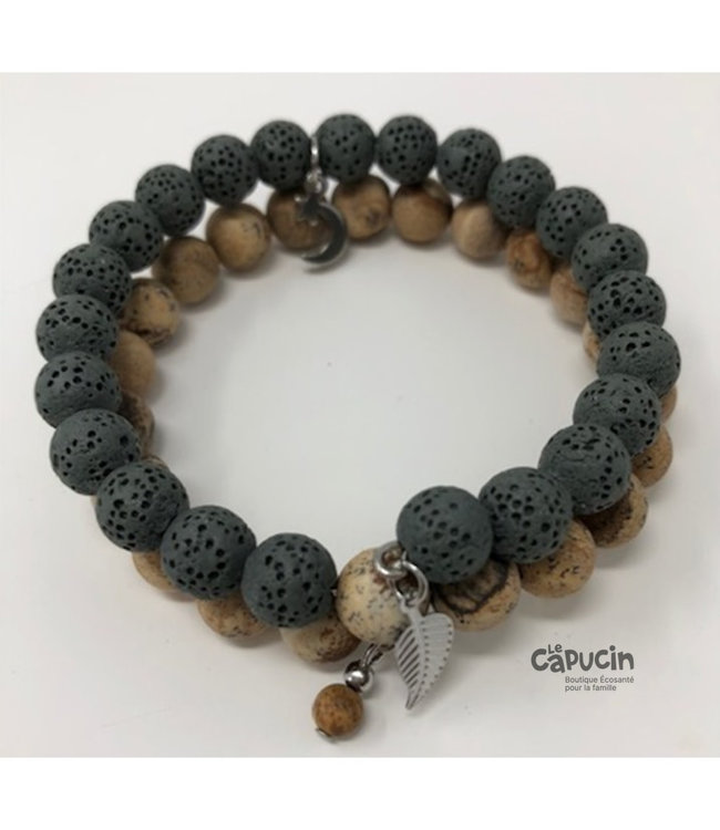 Bracelet | 8 mm double stones | Charcoal & beige