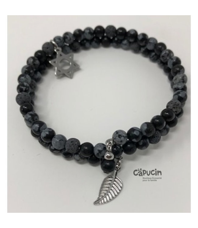 Bracelet | Double 4 mm stones | Marbled dark grey & black