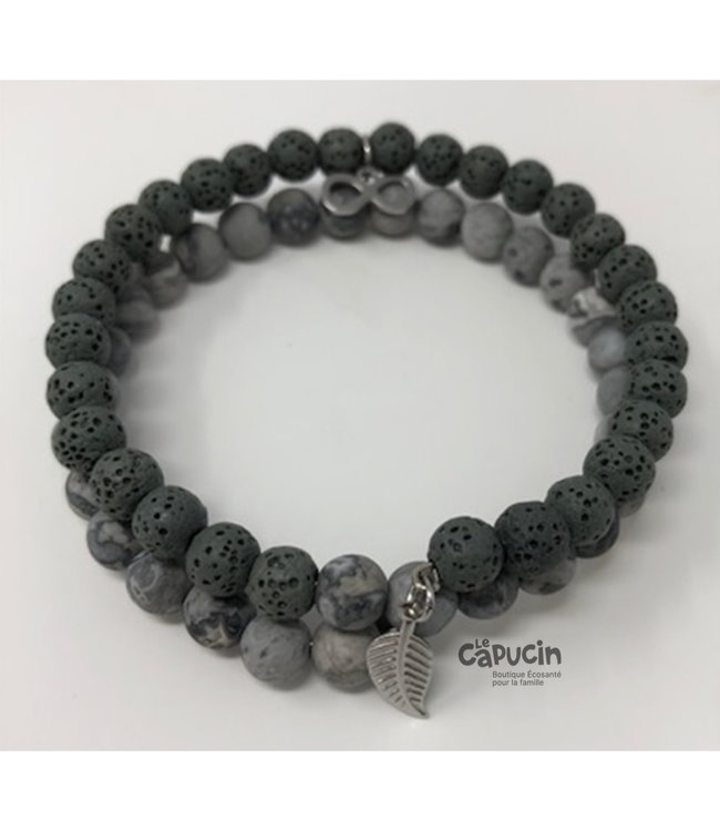 Bracelet | 6 mm double stones | Charcoal & marbled grey