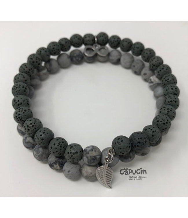 Bracelet | Pierres 6 mm doubles | Charcoal & gris marbré