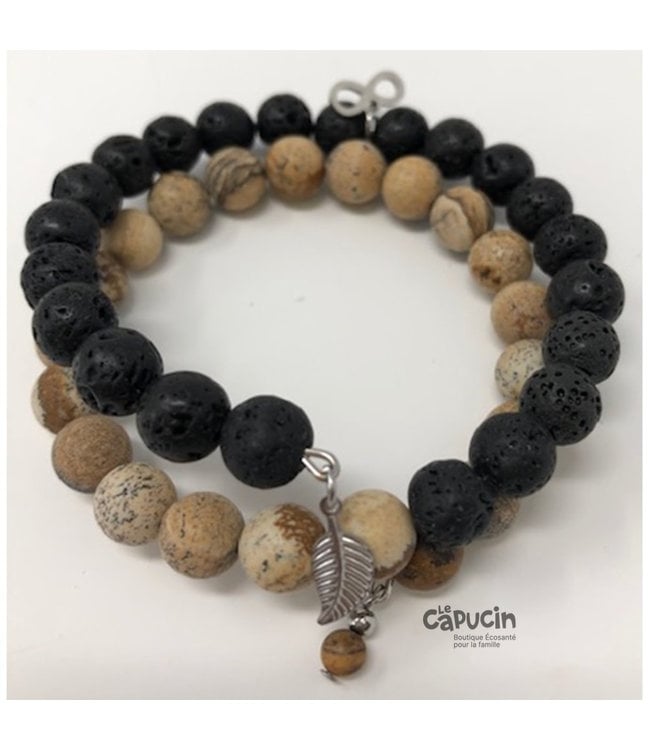 Bracelet | 8 mm double stones | Beige & black