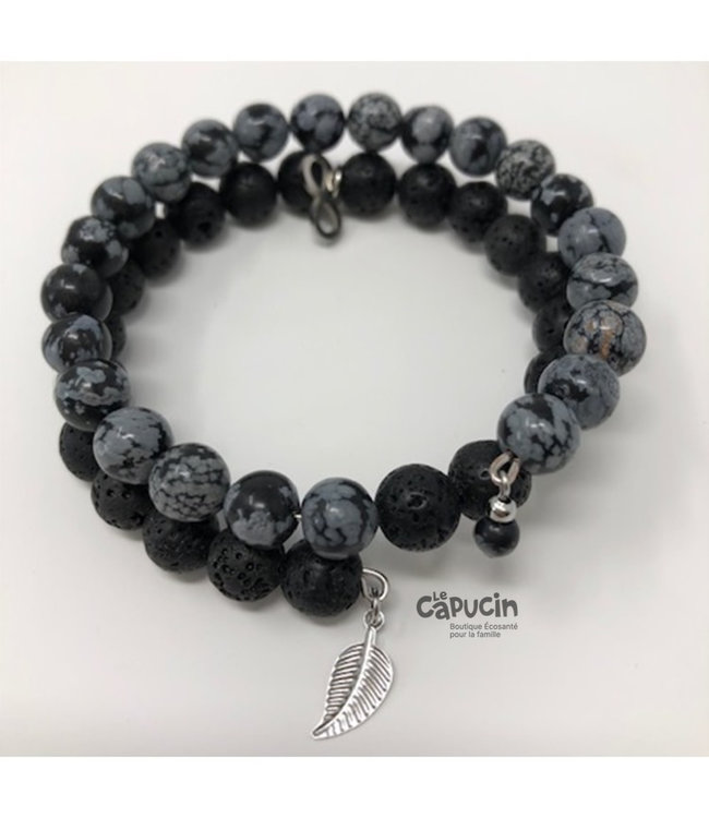 Bracelet | 8 mm double stones | Black and marbled grey