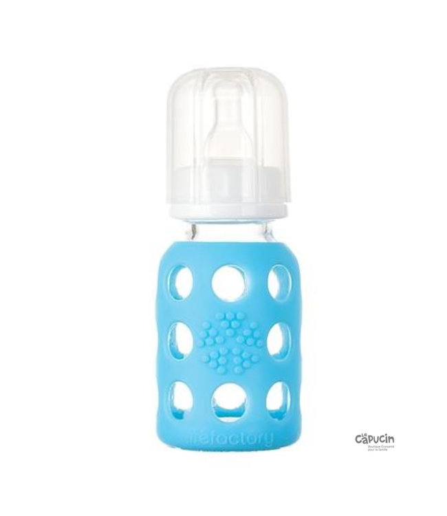 Biberon de verre à gaine de silicone 4 oz - LifeFactory Bleu ciel