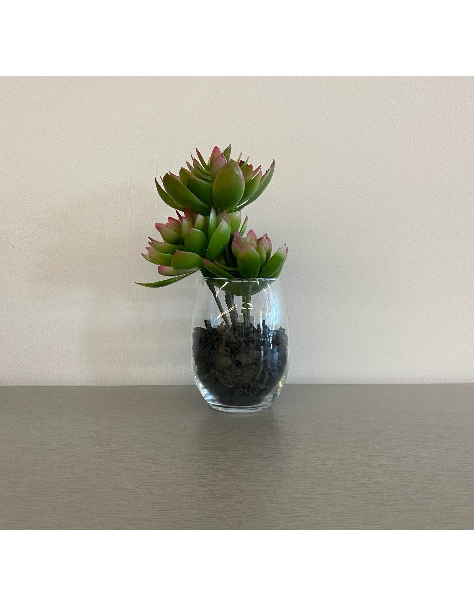 Small Artificial Green with Pink Tips Plant in Glass Vase