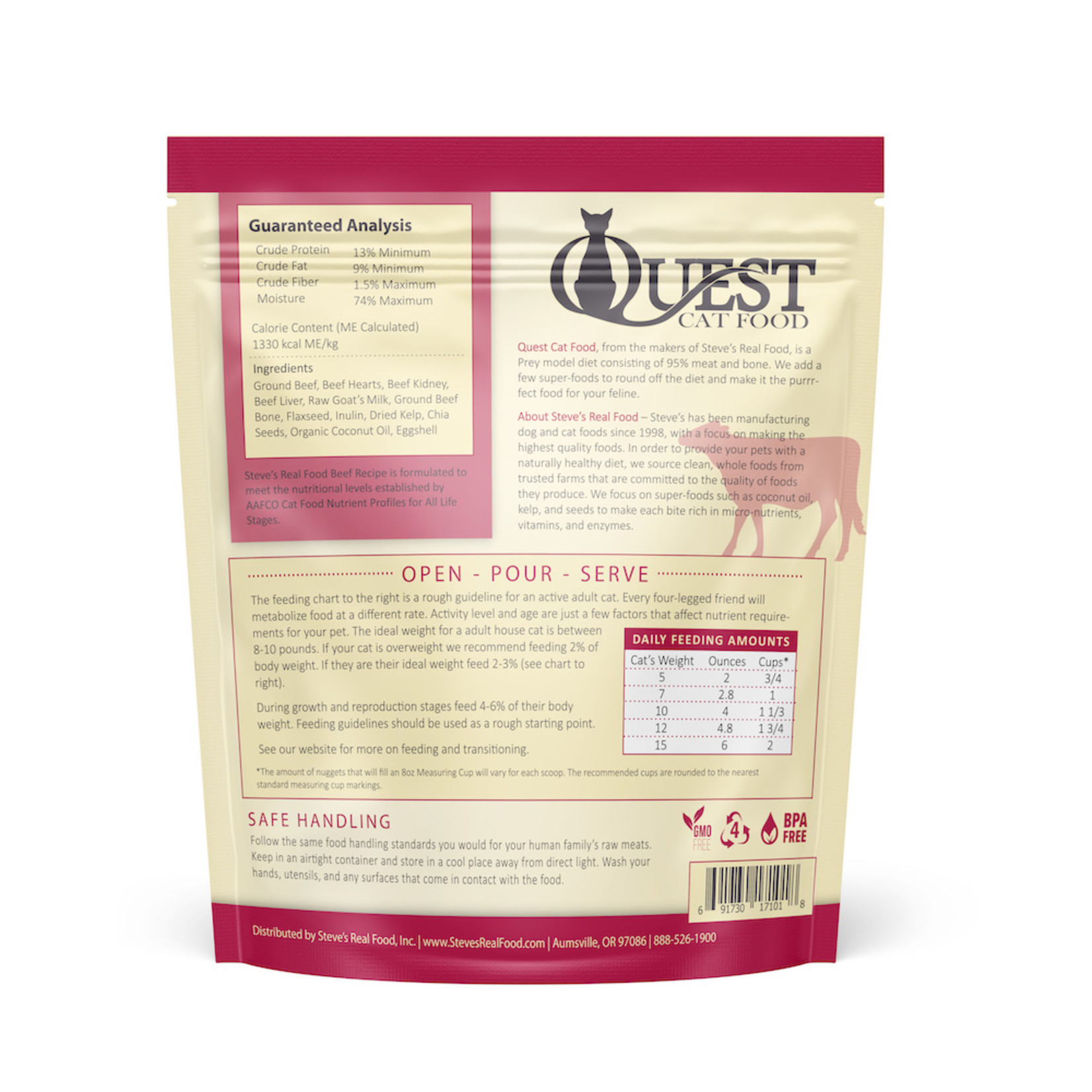 Steve's Real Food Quest Cat Food Raw Frozen Prey Model Beef Diet