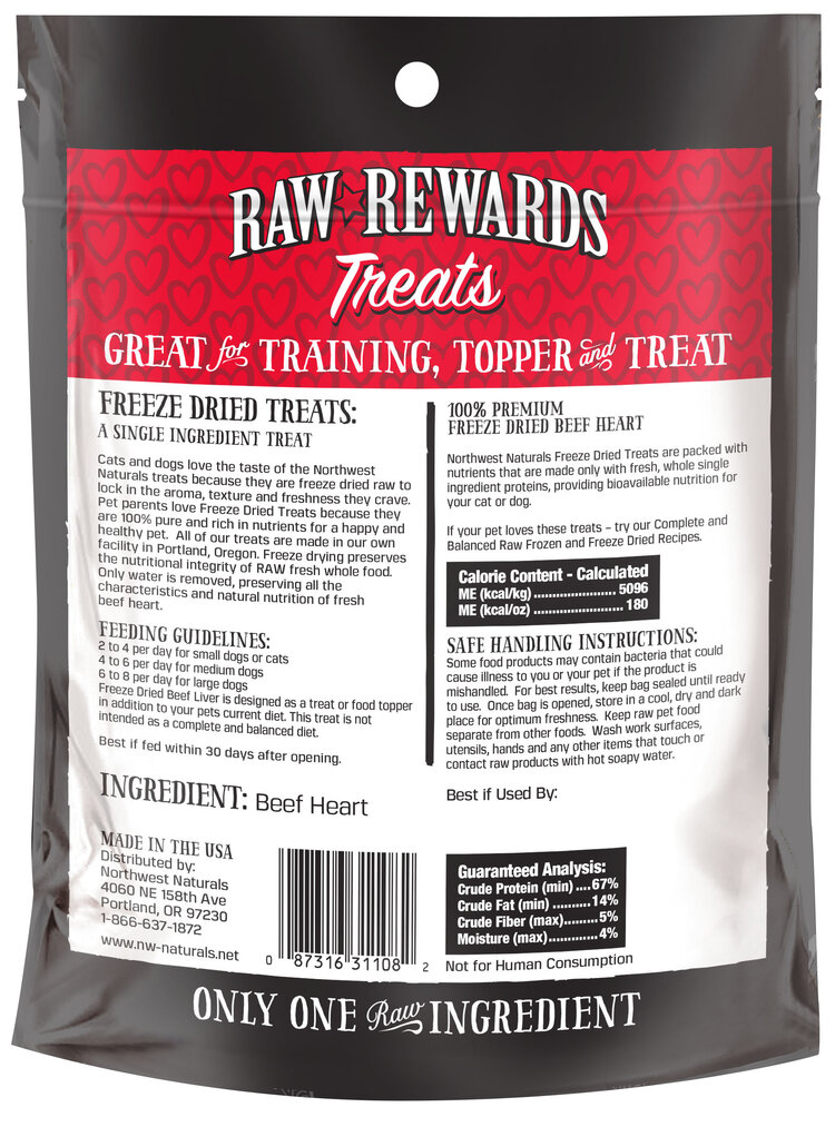 Northwest Naturals Raw Rewards Treats Freeze Dried Beef Heart for Dogs & Cats