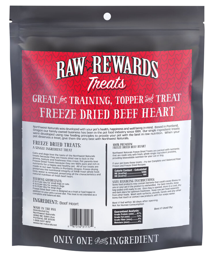 Northwest Naturals Raw Rewards Treats Freeze Dried Beef Heart for Dogs & Cats