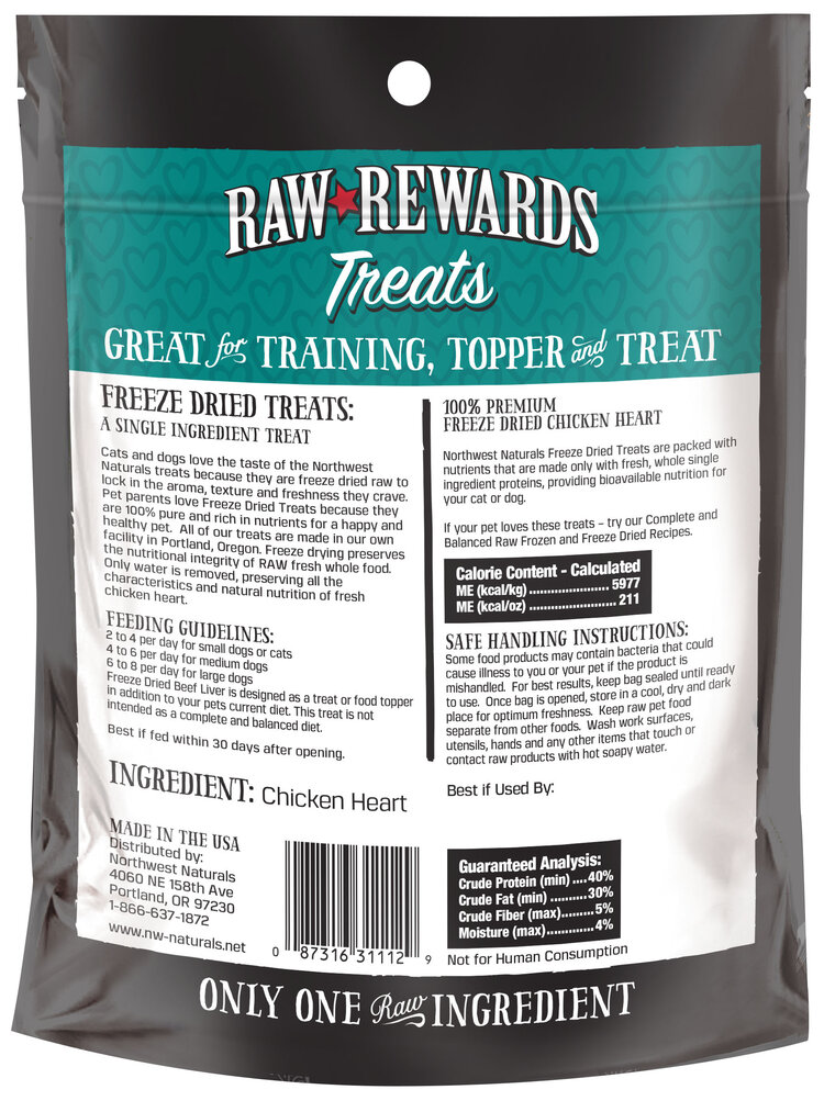Northwest Naturals Raw Rewards Treats Freeze Dried Chicken Heart for Dogs & Cats