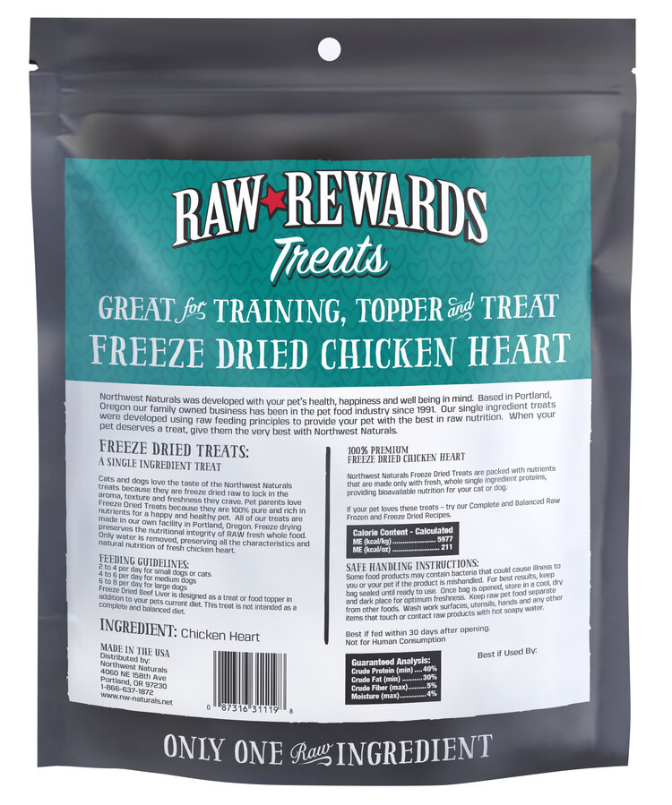 Northwest Naturals Raw Rewards Treats Freeze Dried Chicken Heart for Dogs & Cats
