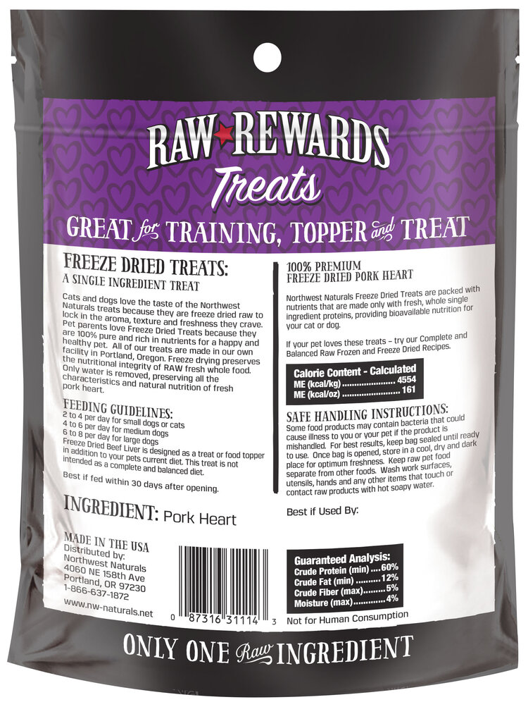 Northwest Naturals Raw Rewards Treats Freeze Dried Pork Heart for Dogs & Cats