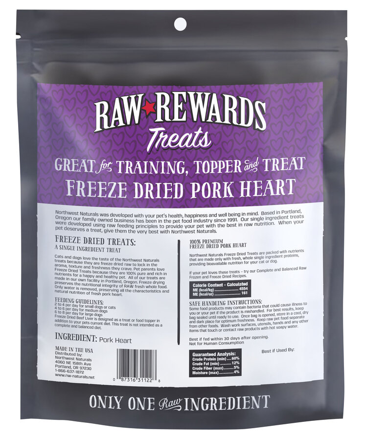 Northwest Naturals Raw Rewards Treats Freeze Dried Pork Heart for Dogs & Cats