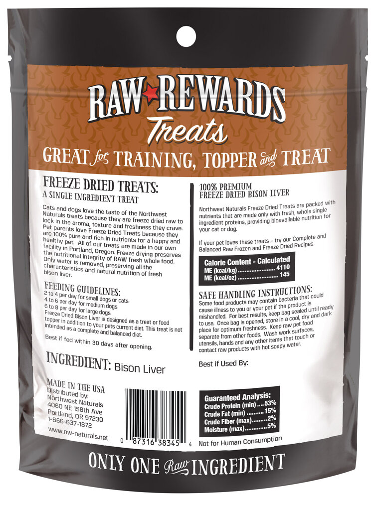 Northwest Naturals Raw Rewards Treats Freeze Dried Bison Liver for Dogs & Cats