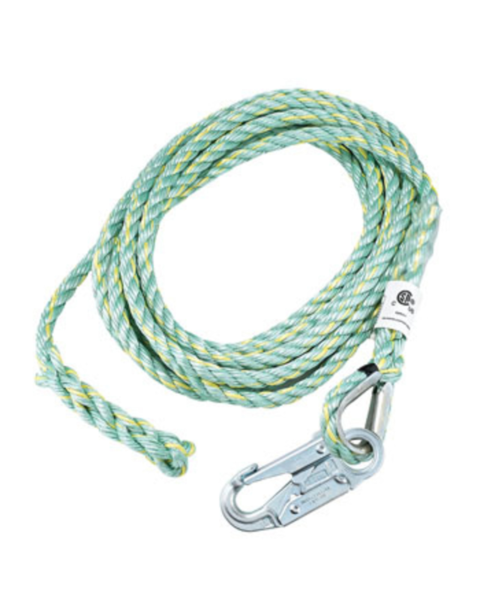Co-Polymer Blend Rope 5/8 in (16mm) 3 strand rope for vertical lifeline, comes with 1 termination and 1 snap hook with 3/4 in opening Model FP6650HS. Length 25ft