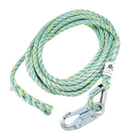Co-Polymer Blend Rope 5/8 in (16mm) 3 strand rope for vertical lifeline, comes with 1 termination and 1 snap hook with 3/4 in opening Model FP6650HS. Length 25ft