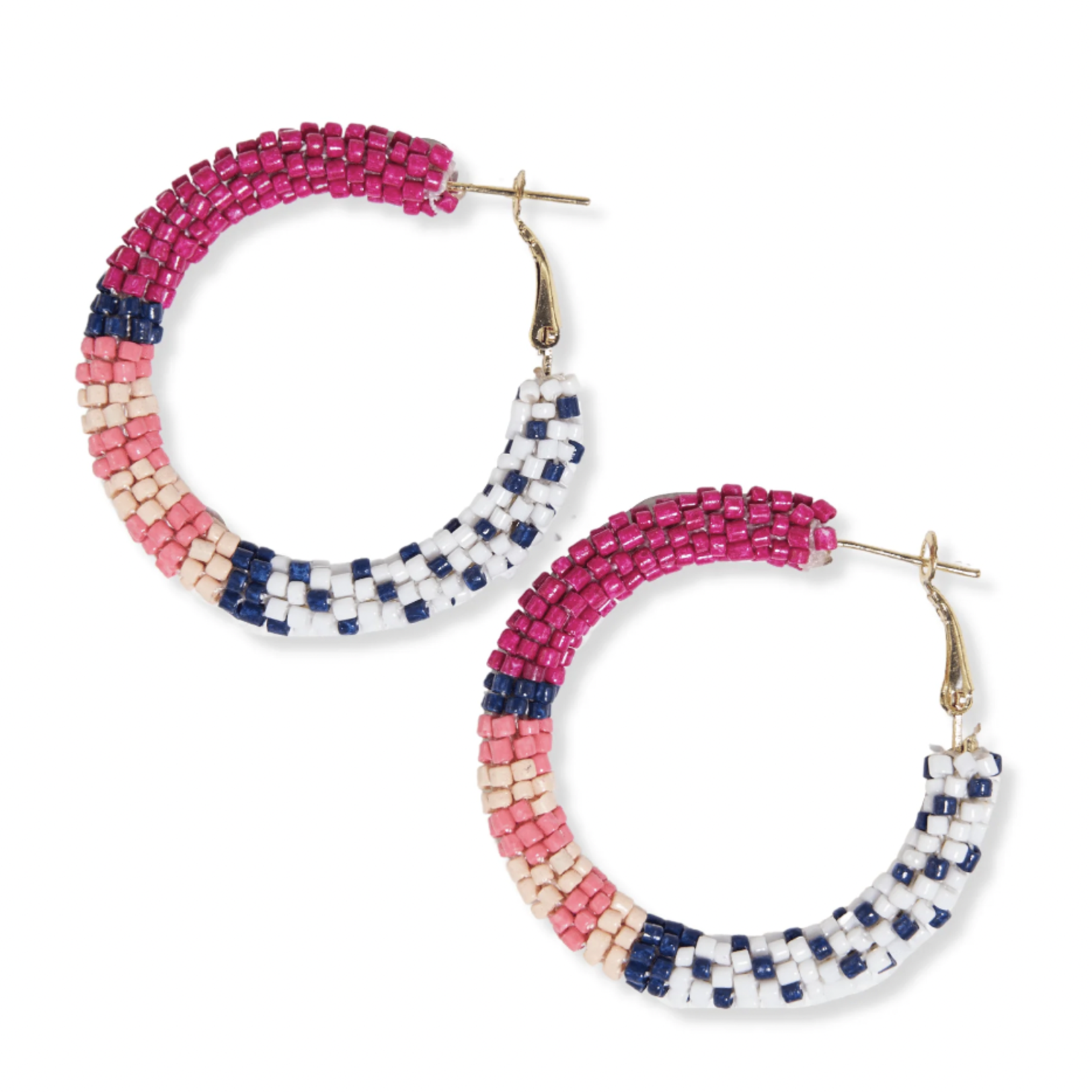 Ink + Alloy Rosemary Color Stripe and Dot Beaded Hoop Earrings - Pink and Navy