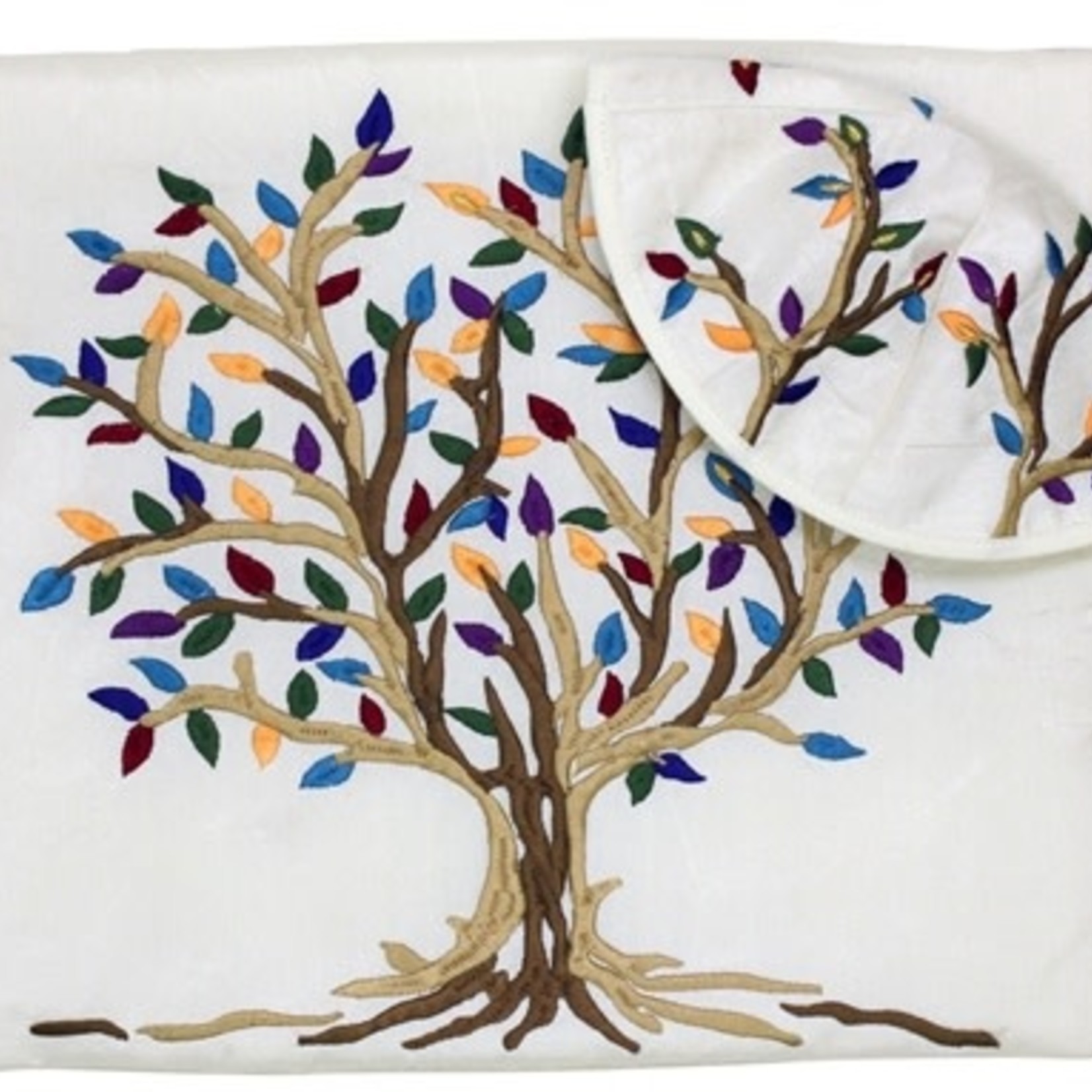 Silk Embroidery With Bag & Kippah-Tree of Life-Multi Colored