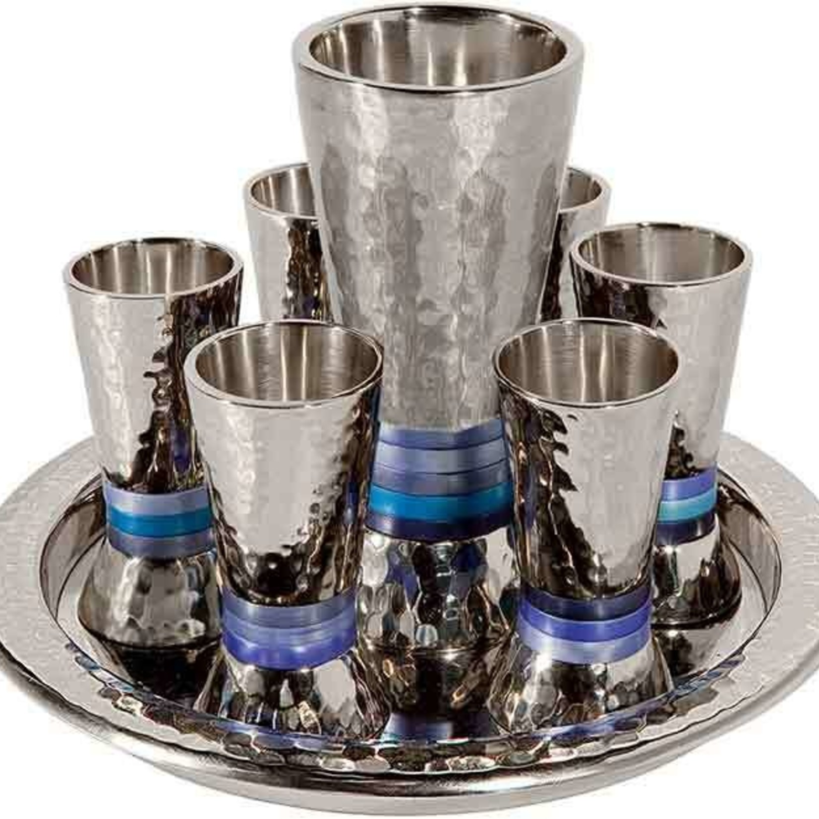 Hammered Kiddush Set Cone Shape- Blue Rings