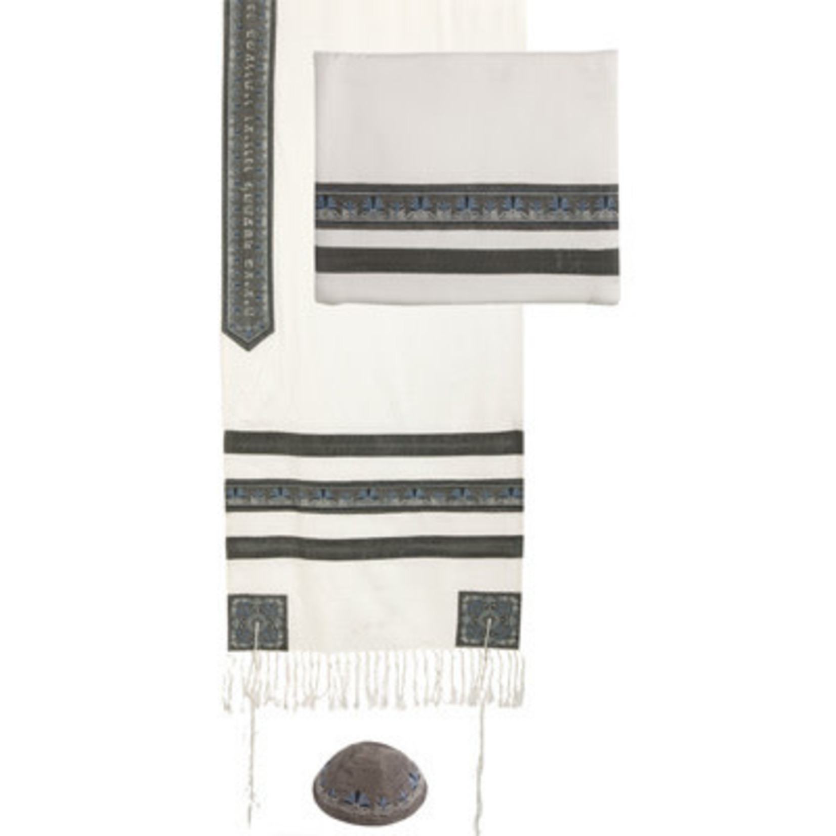 Embroidered Stripes Tallit - White / Grey