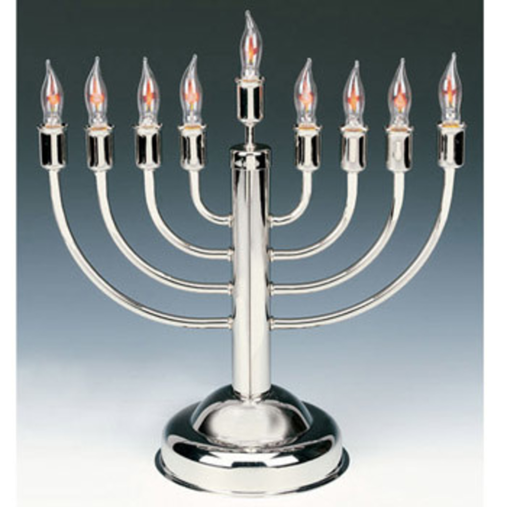 Chrome Plated Electric Menorah with Flickering Bulbs-Round Base