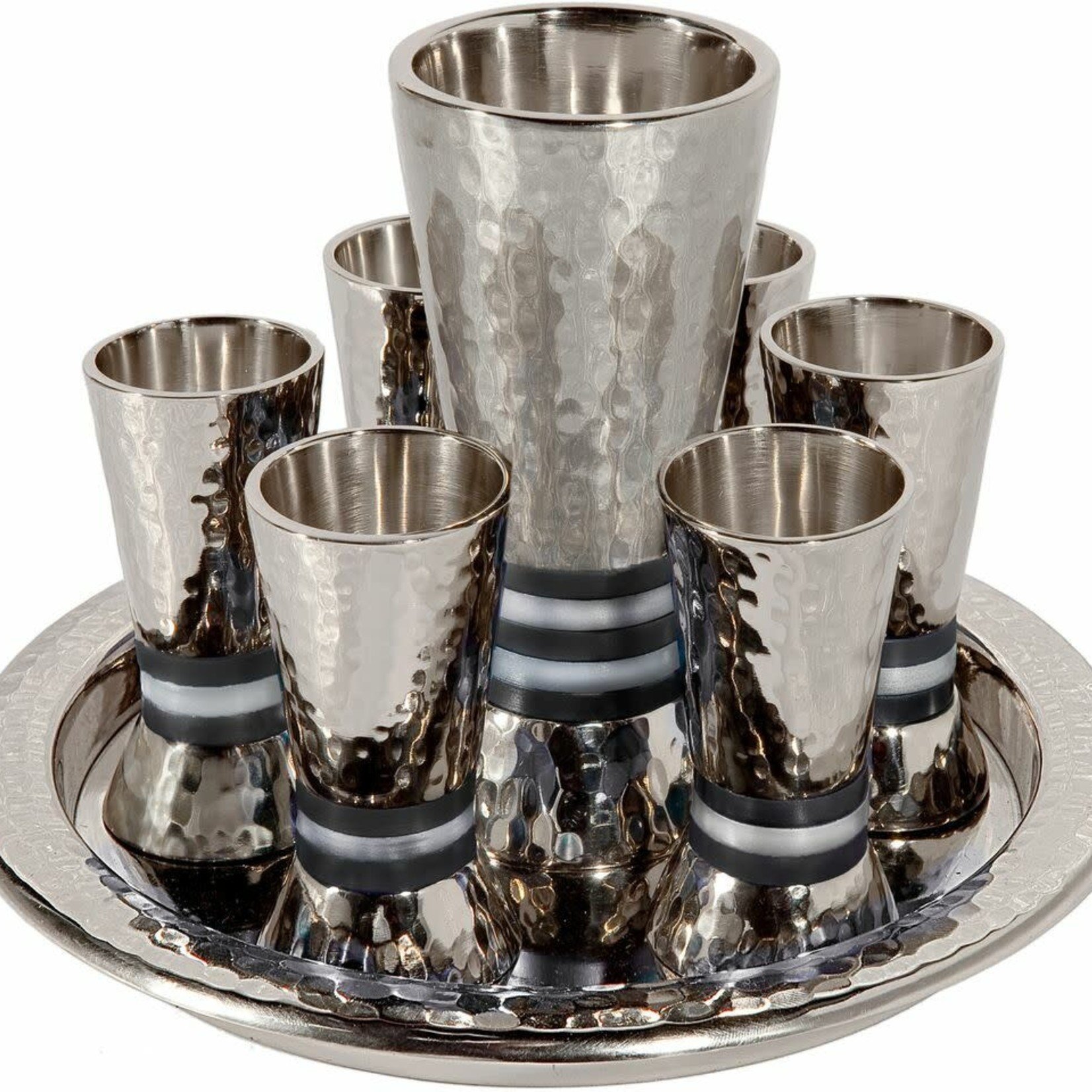 Hammered Kiddush Set Cone Shape- Black Rings