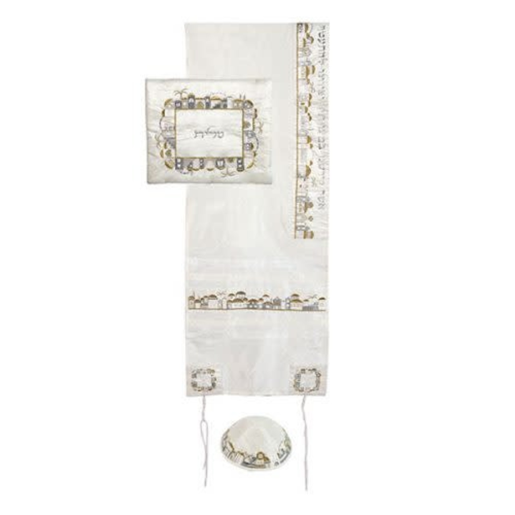 Machine Embroidered Jeruslaem Tallit Set-Silver/Gold