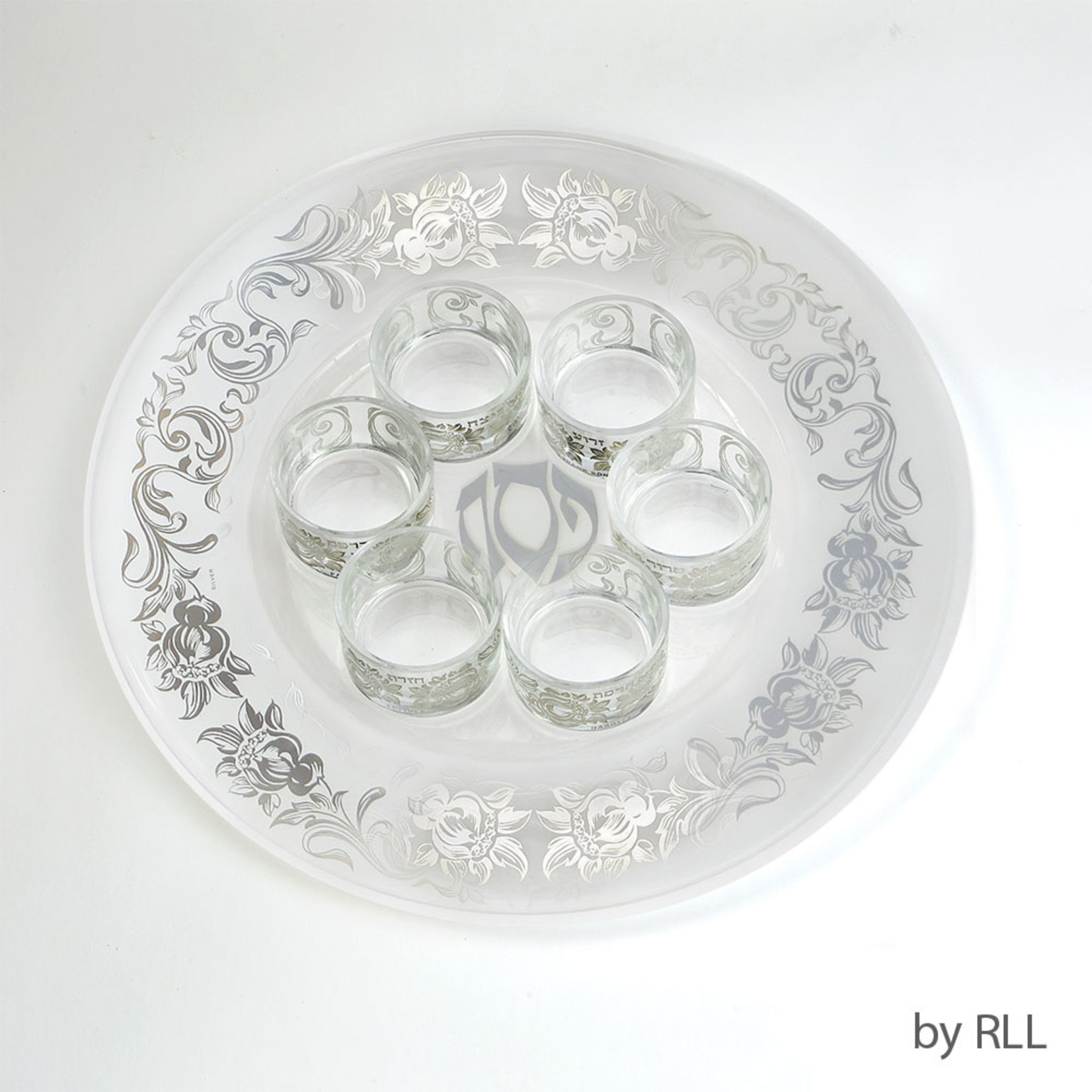 7 Piece Glass Seder Plate With Silver Floral Design