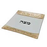 Decorated Glass Matzah Tray-Gold