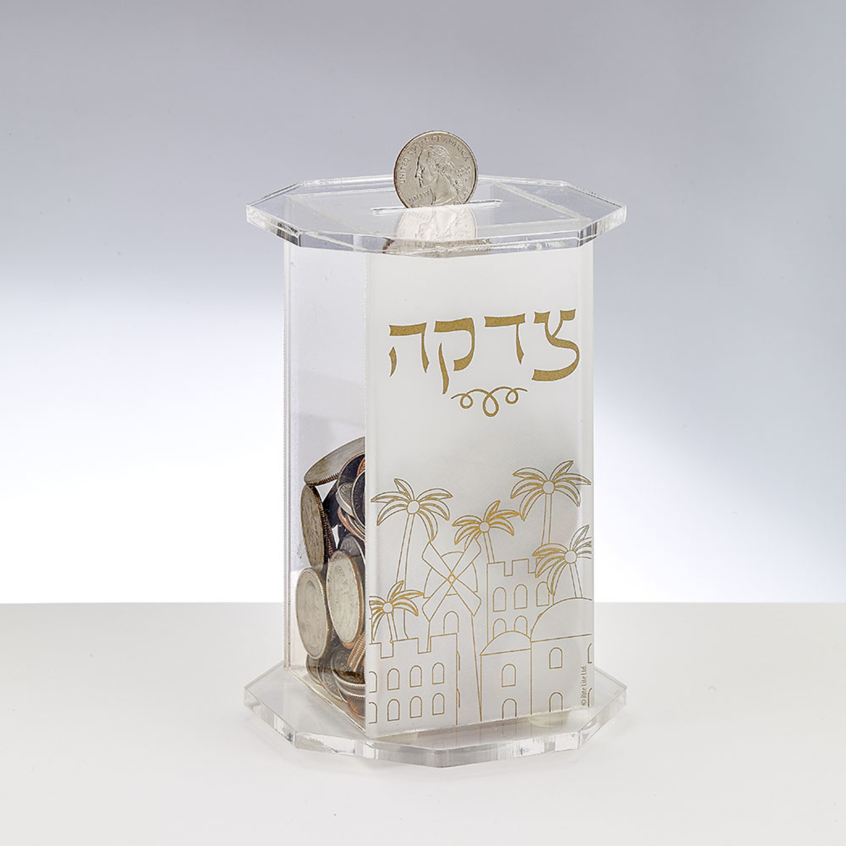 Clear Acrylic Tzedakah Box with Jerusalem Design