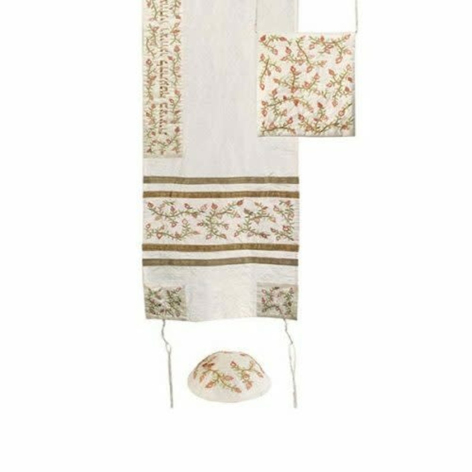 Embroidered Tallit Set-Pomegranates White/Gold
