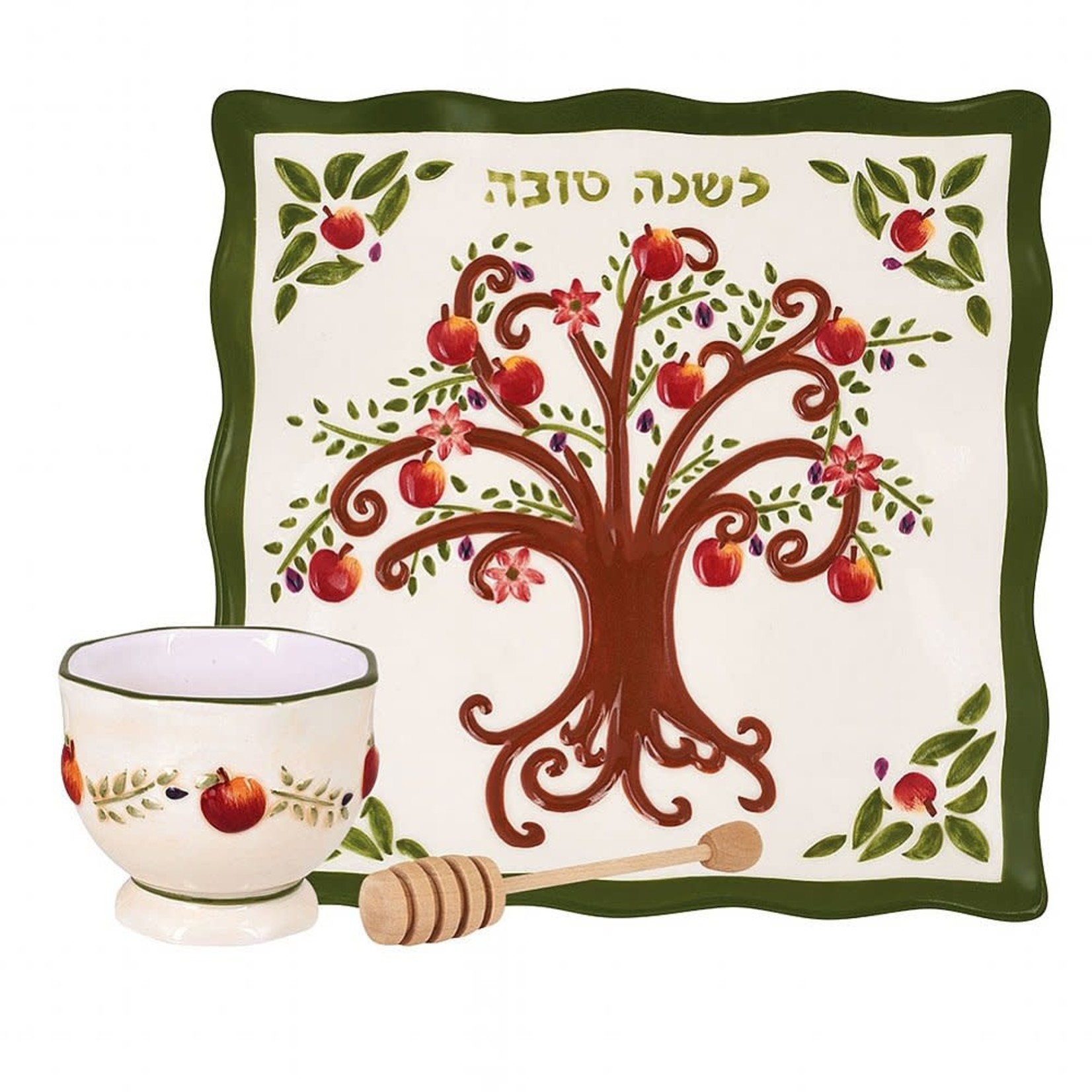 Tree of Life Apple Plate with Honey Bowl and Dipper
