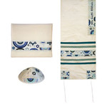 Embroidered Raw Silk Tallit Set-Star Of David-Blue