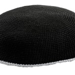 Fine Knit Black Kippah with White Border - 18cm